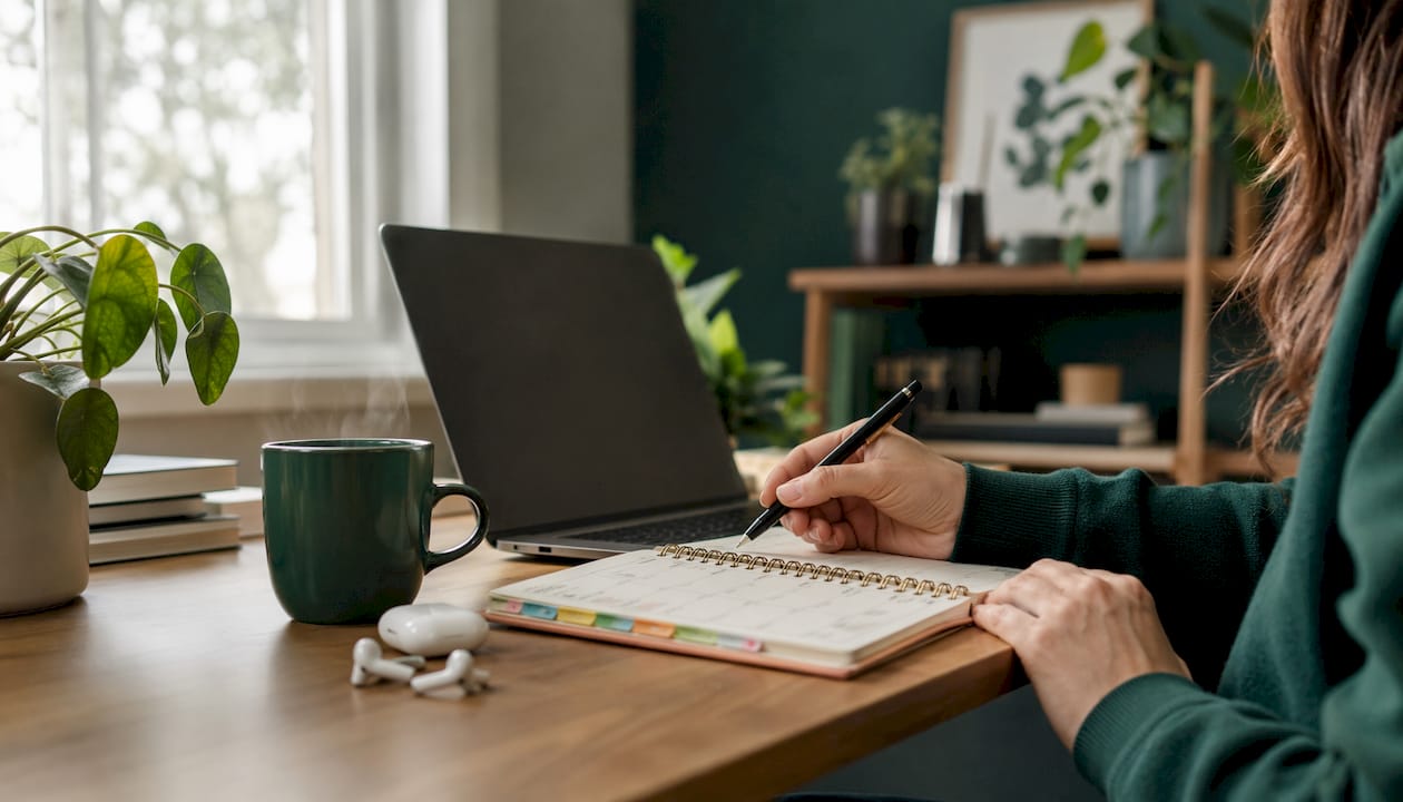 Presenter's hands preparing notes at home