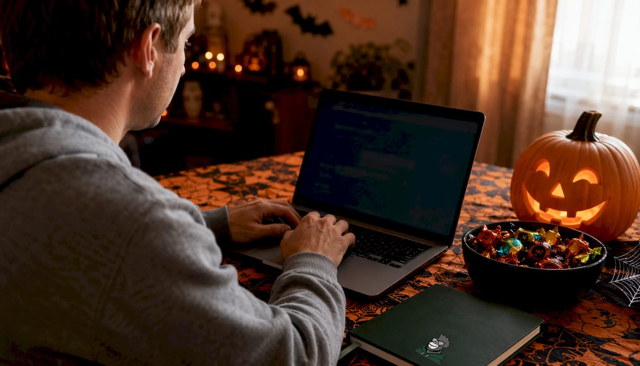 Close-up hands typing for Halloween trivia game