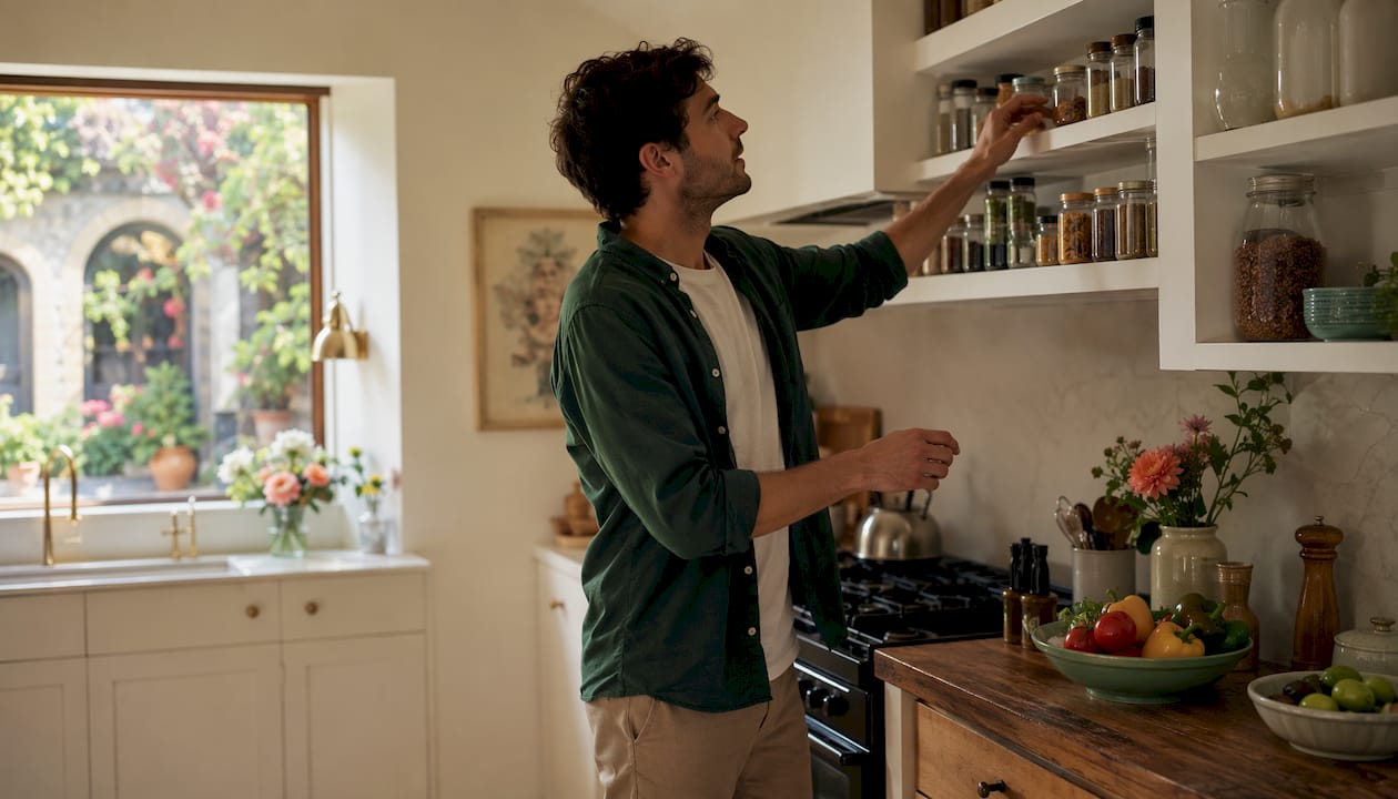 Man holding spice jar in kitchen for scavenger hunt