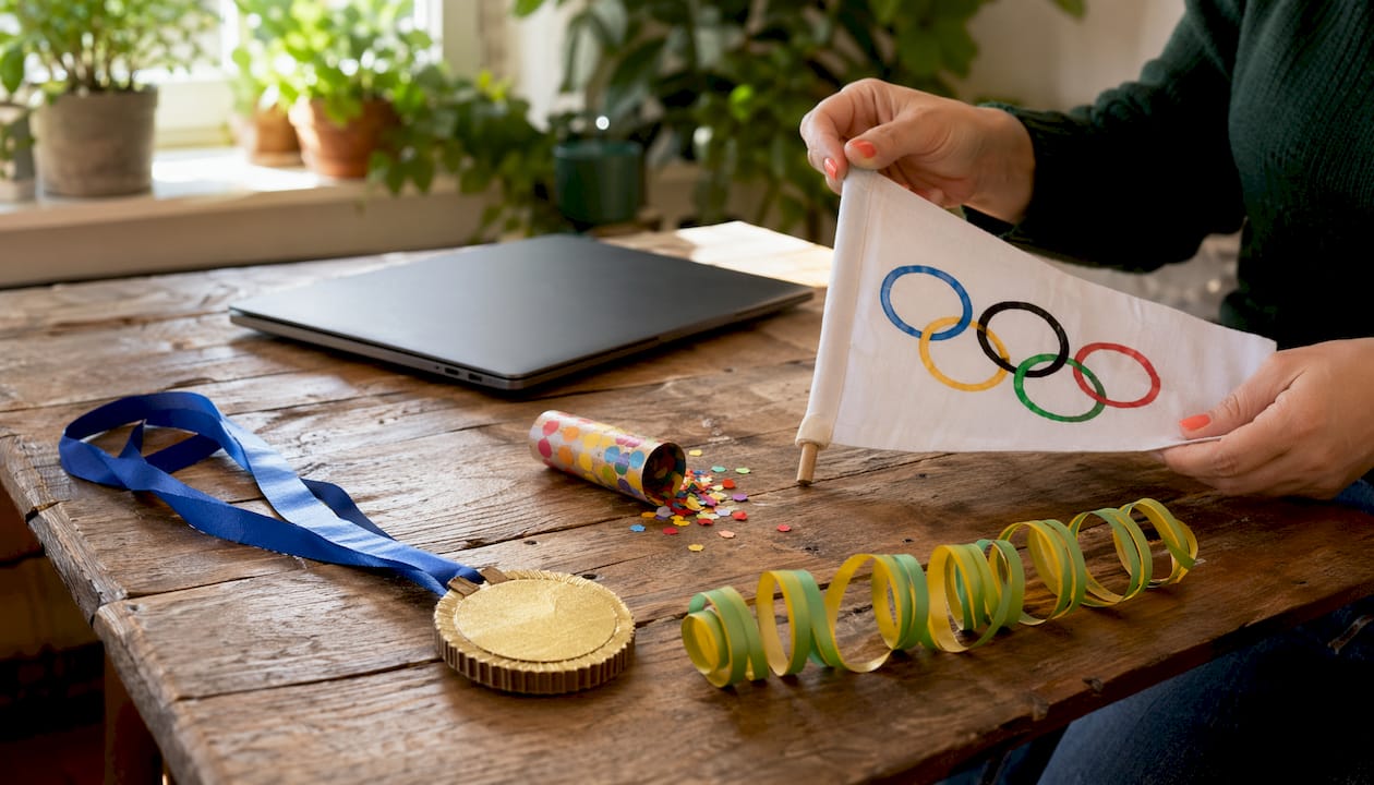 Olympics-themed workspace decorations close-up