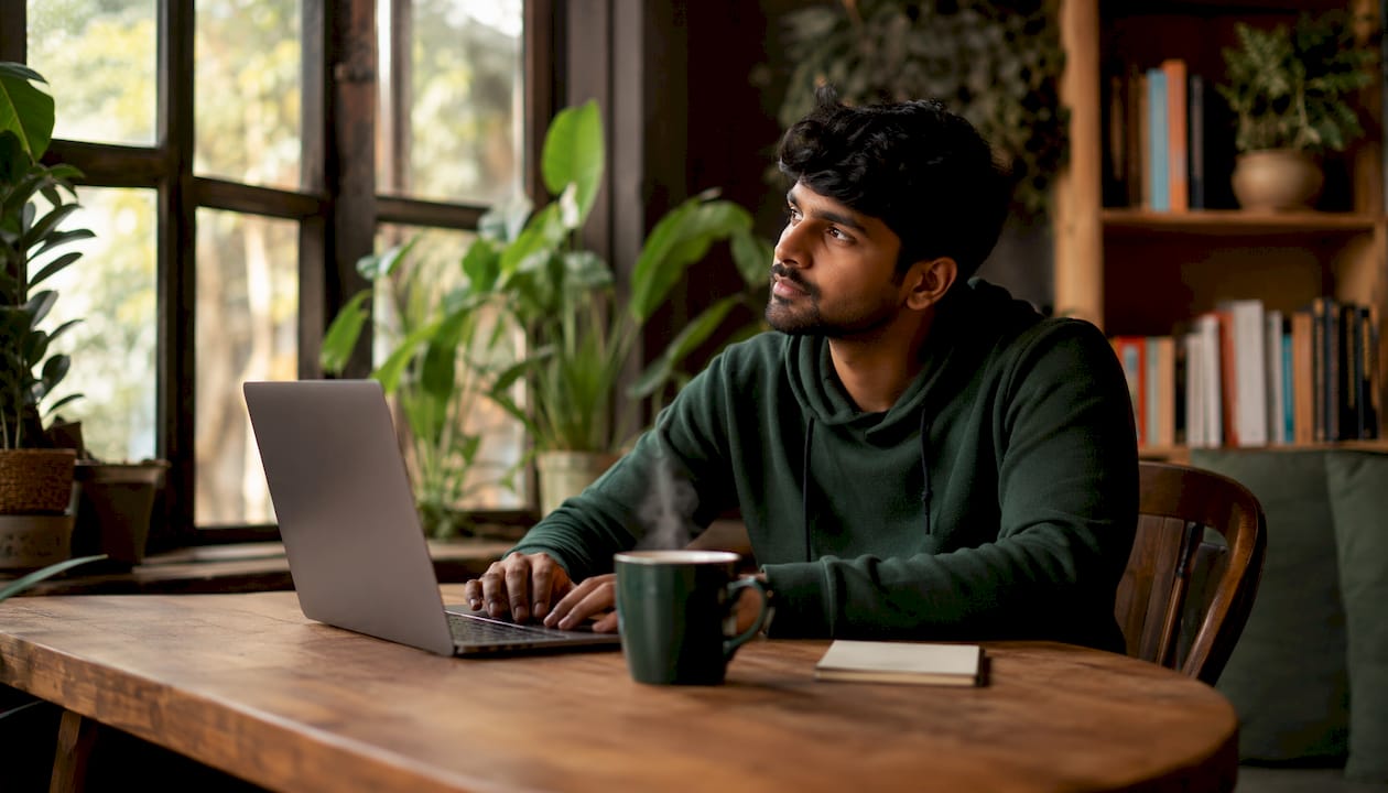 Man reading daily question in co-working space