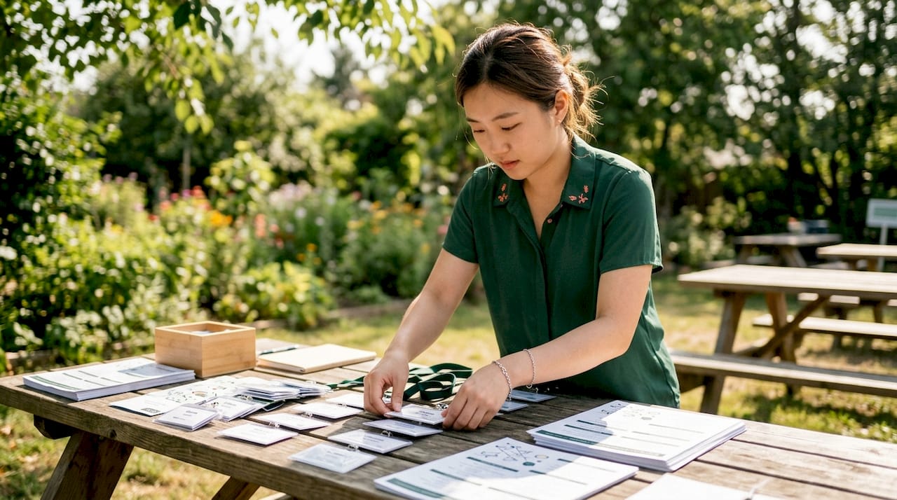 Hands preparing materials for corporate event technology
