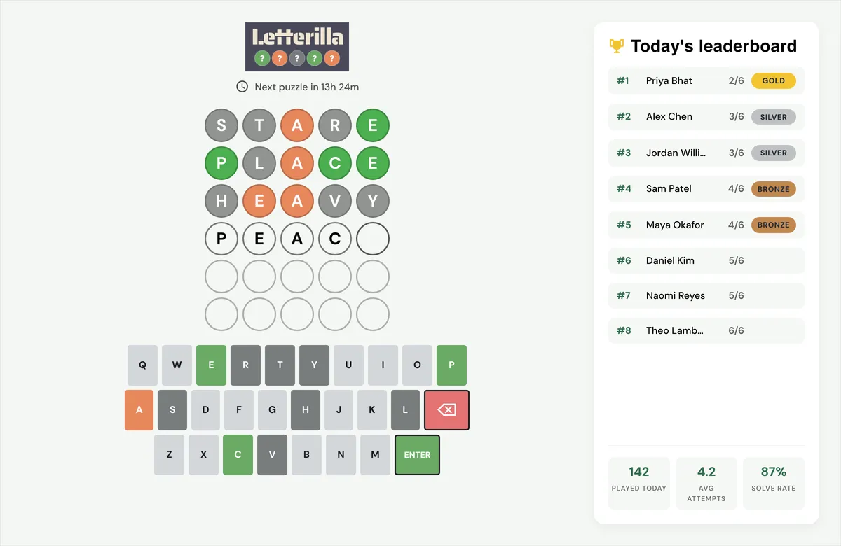 Letterilla word puzzle mid-game with green, orange and grey letter tiles beside today's team leaderboard