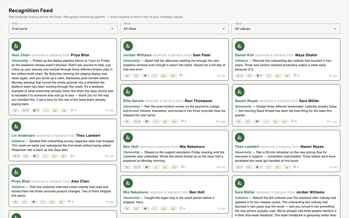 Gatherilla recognition feed of peer kudos posts, each tagged to a company value such as Ownership or Initiative