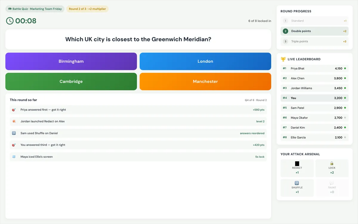 Live Battle Quiz round showing four colour-coded answers, a countdown timer and an eight-player leaderboard